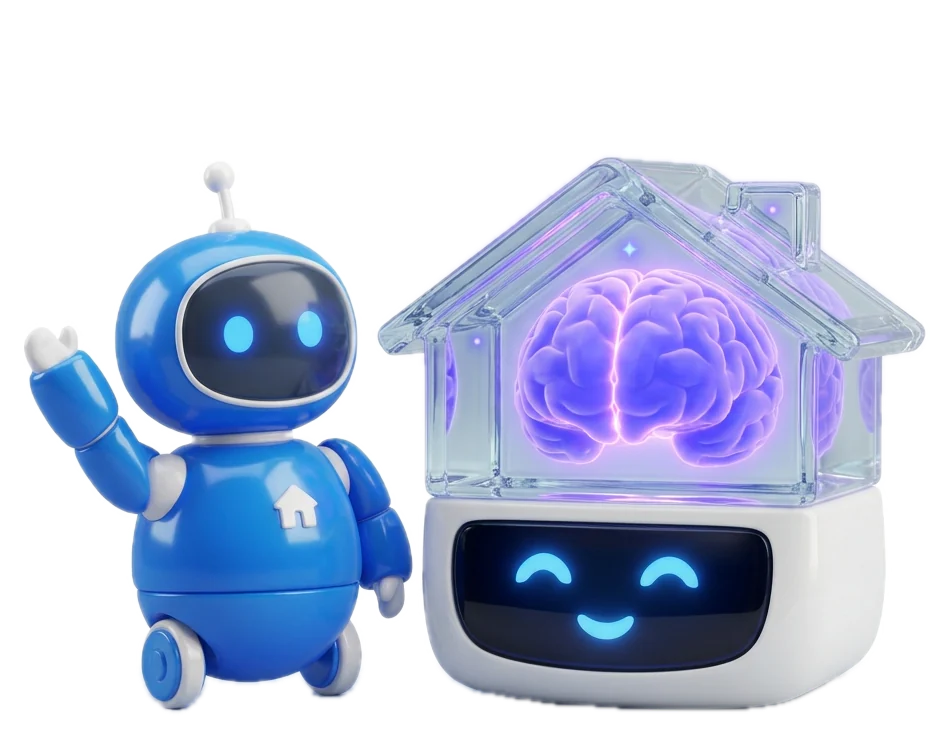 O BrokerBot, um robozinho azul, e o BrokerBrain, uma casa de vidro com um cérebro violeta